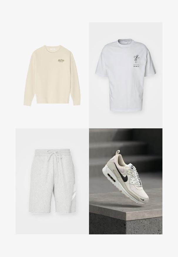 Beiger Sweatshirt mit Rundhalsausschnitt, langen Ärmeln und einem gerippten Saum. Auf der Brust befindet sich grüner Text mit der Aufschrift "Club House Miami Beach, Florida".; Weißes Baumwoll-T-Shirt mit kurzen Ärmeln, das auf der Vorderseite ein grafisches florales Design und darunter Textdetails zeigt.; Herren Sweatshorts in Grau aus weichem Baumwollmaterial, mit elastischem Bund und Kordelzug, Seitentaschen und einem weißen Logodetail.; Beige-weißer Nike Air Max Sneaker mit schwarzem Swoosh-Logo, weißen Schnürsenkeln und sichtbarer Air-Dämpfungssohle, liegend auf einem Betonblock.