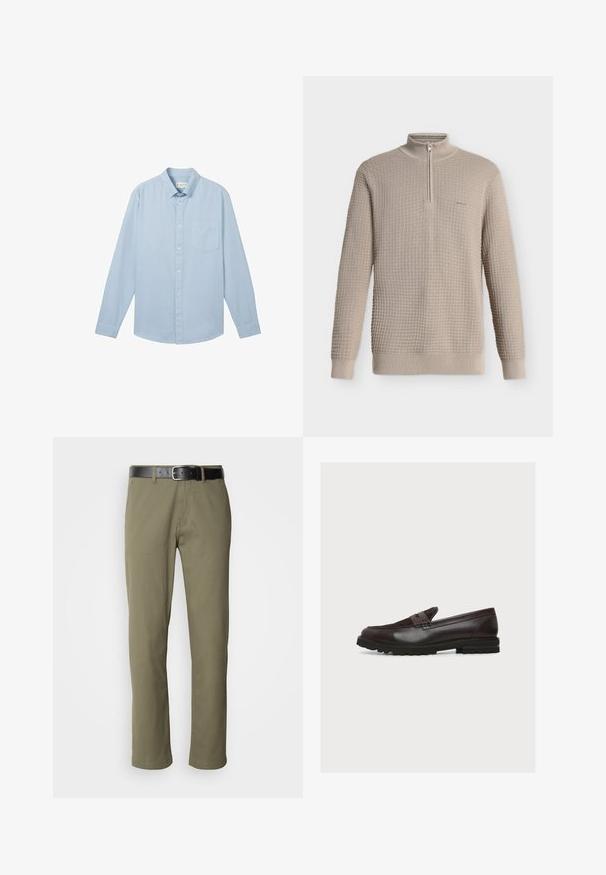 Beige vaffelstrikket sweater med lange ærmer, halv lynlåshals, og ribstrikkede manchetter og kant, vist på hvid baggrund.; Lyseblå langærmet skjorte lavet af stof med et struktureret mønster, med en button-down krave og en enkelt brystlomme.; Olivengrønne lige ben bukser lavet af bomuld, med et sort læderbælte, synlig søm og sidelommer.; Mørkebrun læderloafer med ruskindstop, pennyrem, syninger og tyk gummisål med slidmønster, vist fra siden.