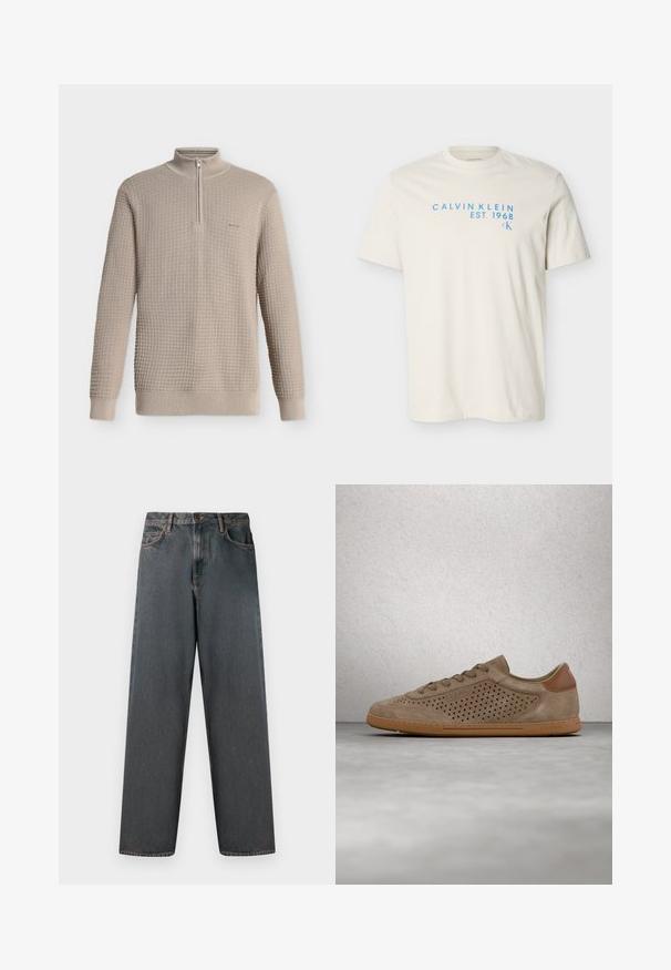 Pull beige en maille gaufrée, manches longues, col montant à demi-fermeture éclair, poignets et ourlet côtelés, présenté sur fond blanc.; T-shirt crème à manches courtes avec col rond, texte bleu clair "CALVIN KLEIN EST. 1968" et petit logo "CK" sur la poitrine.; Jean en denim gris foncé avec une coupe droite, cinq poches et une fermeture à bouton et zip. Le tissu présente un léger dégradé et des coutures.; Baskets basses en daim beige avec perforations triangulaires, design à lacets, semelle marron, et logo "GUESS" sur le côté et la languette du talon.