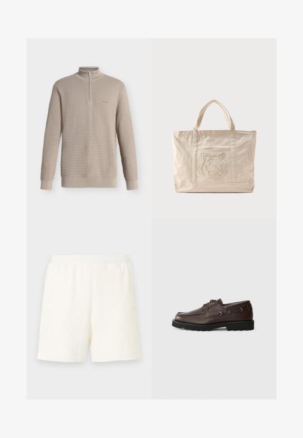 Beige wafelhoed trui met lange mouwen, halve rits aan hoge kraag, met geribde boorden en zoom, afgebeeld op een witte achtergrond.; Off-white knielange shorts met een elastische tailleband en zonder zichtbare zakken, afgebeeld tegen een effen lichte achtergrond.; Donkerbruine leren bootschoen met een zwarte robuuste zool en veters, weergegeven in zijprofiel op een effen lichte achtergrond.; Beige canvas tas met dubbele handvatten en een reliëf ontwerp van een wolfskop op het voorvak.