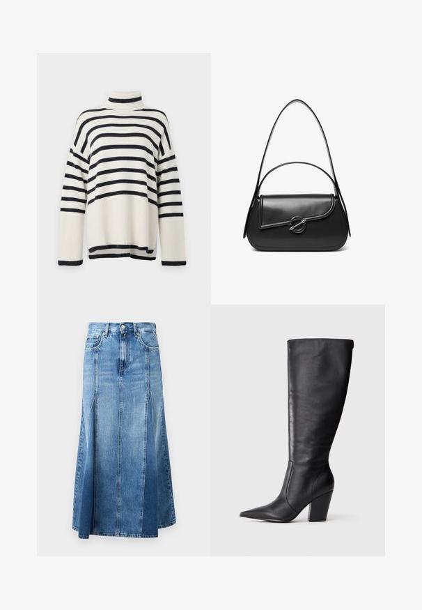 Stribet turtleneck sweater med ribbet tekstur, der har varierende brede striber i navy og creme. Løs pasform og design med sænket skulder.; Denim nederdel med en lys til mørk blå gradient, knælængde, med lige snit, frontslids og klassisk knap- og lynlås-lukning.; Sort læderknehøj støvle med spids tå og kraftig høj hæl, vist i venstre sideprofil på hvid baggrund.; Sort skuldertaske i læder med en buet klap, der er fastgjort med en rund metal spænde, og en slank, justerbar rem.