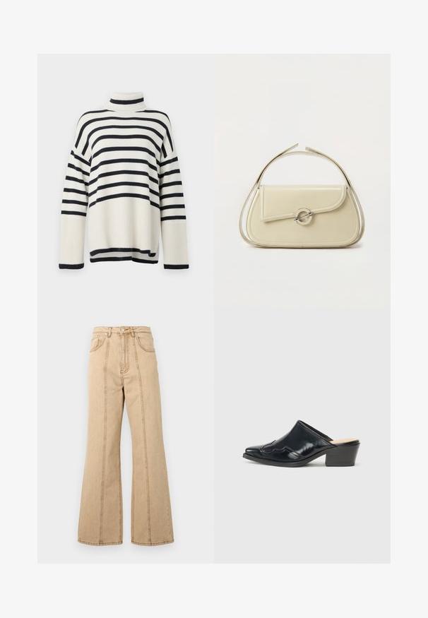 Stribet turtleneck sweater med ribbet tekstur, der har varierende brede striber i navy og creme. Løs pasform og design med sænket skulder.; Beige brede ben jeans med høj talje, fem lommer og kontrasterende syninger for ekstra detaljer. Bomuldsstof med en glat tekstur.; Sorte patenterede lædermuler med spids tå, en buet design og en lav blokhæl, der har dekorativ syning langs overdelen.; Cremefarvet læderhåndtaske med buet klap, cirkulært sølvspænde og kort topstrop på en ens hvid baggrund.