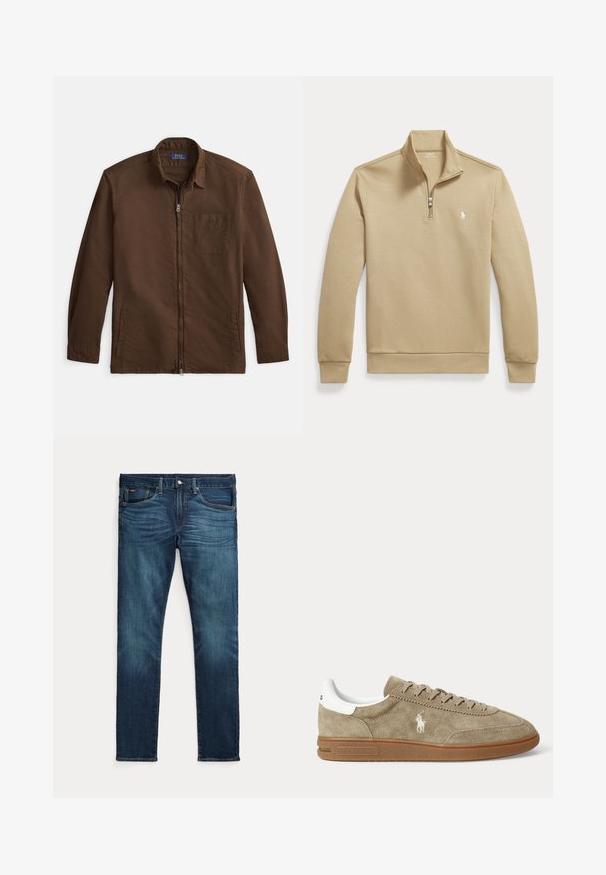 Beige trui met lange mouwen en een kwart ritssluiting, met opstaande kraag en klein wit polo-spelerlogo op de linkerborst.; Bruine jas met ritssluiting gemaakt van gestructureerde stof, met een kraag, voorzak en zijzakken. Minimalistisch ontwerp met lange mouwen.; Donkerblauwe slim-fit jeans met vooraan een knoop en ritssluiting, vijf zakken en subtiel vervagen op de voorkant van de dijen en knieën.; Beige suède lage sneaker met bruine zool, witte hiel-detail, veters en een wit geborduurd polo-speler logo aan de zijkant.
