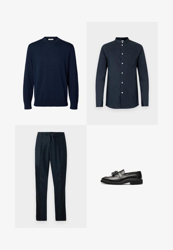 Marineblauer Langarmpullover mit Rundhalsausschnitt, gerippten Bündchen und Saum, mit dem Label „Selected“ am Kragen.; Dunkelblaues Herren-Langarmhemd aus Baumwolle mit Stehkragen, vorderen Knöpfen und einer linken Brusttasche. Glatte Struktur.; Marineblaue Hose aus strukturiertem Stoff, mit einem Kordelzugbund, geraden Beinen und zwei vorderen Falten für eine maßgeschneiderte Optik.; Schwarze Leder-slipper mit glatter Oberfläche, abgerundetem Zeh und einer dekorativen Quaste am Riemen. Flache Sohle und dezente Nähte.