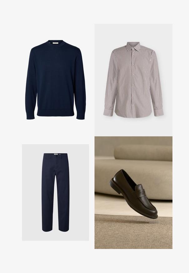 Pull bleu marine à manches longues et col rond, avec poignets et bas côtelés, étiqueté Selected au niveau du col.; Chemise à manches longues boutonnée avec un col pointu, présentant des rayures verticales marron et blanches sur un fond clair.; Pantalon bleu marine à jambes droites avec fermeture bouton et zip, passants pour ceinture et poches latérales sur fond uni.; Un seul mocassin en cuir brun foncé flottant au-dessus d’un tapis texturé beige, avec un canapé beige flou en arrière-plan.