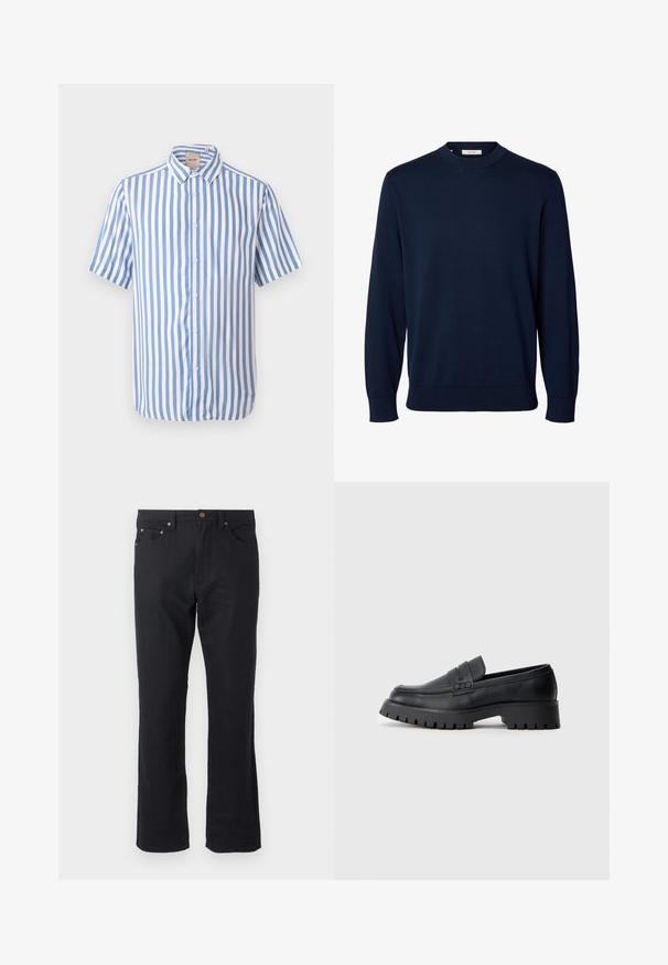 Pull bleu marine à manches longues et col rond, avec poignets et bas côtelés, étiqueté Selected au niveau du col.; Chemise à manches courtes boutonnée avec des rayures verticales bleues et blanches et un col pointu, présentée sur un fond clair uni.; Pantalon noir droit avec bouton et fermeture éclair à l'avant, design cinq poches et passants de ceinture sur fond blanc.; Mocassins en cuir noir avec un bout arrondi, présentant une sangle décorative et une semelle en caoutchouc épaisse avec de profonds crampons pour une meilleure adhérence.