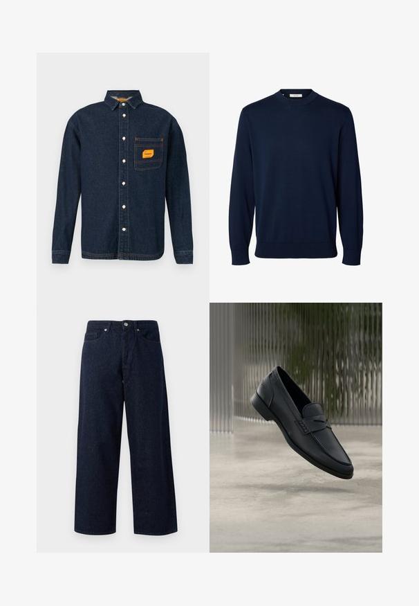 Marineblå langærmet crewneck-trøje med ribstrikkede manchetter og kant, mærket Selected ved halsen.; Mørkeblå denimskjorte med knap-ned krave, orange label på brystlommen og hvide knapper. Blød tekstur med kontrastsyninger.; Mørkeblå denim brede jeans med knaplukning, forlommer og subtil tekstur, med lige kanter og en afslappet pasform.; Sort læderloafer med glat finish, spids tå og sømdetaljer over vristen. Lav hæl og minimalistisk design.