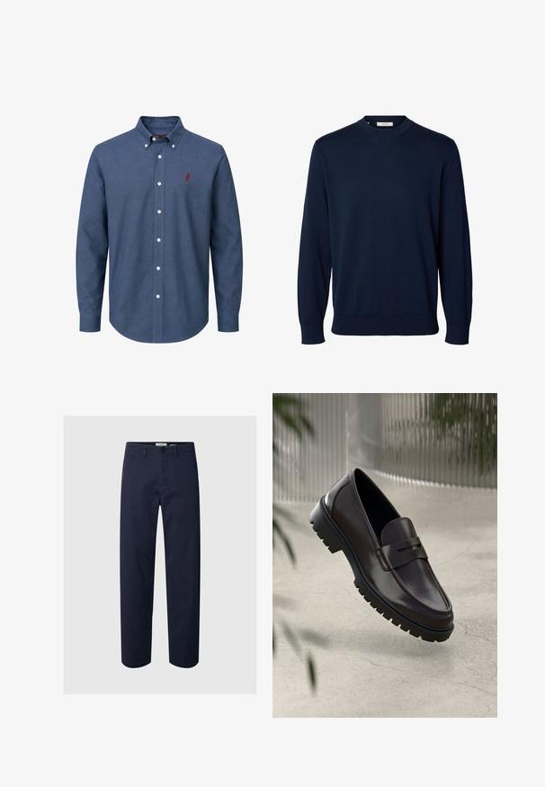 Marineblå langærmet crewneck-trøje med ribstrikkede manchetter og kant, mærket Selected ved halsen.; Blå skjorte med lange ærmer, hvide knapper og en lille rød broderet logo på venstre bryst.; Marineblå bukser med lige ben, knap- og lynlåslukning, bæltestropper og sidelommer på en ensfarvet baggrund.; Brune læder loafers med en tekstureret, rippet gummisål. Har et slankt design og et dekorativt bånd over vristen.