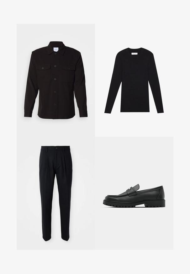 Pier One by Zalando MUSCLE FIT KNITJUMPER - Trui - black; Zwarte blouse met lange mouwen, knoopsluiting aan de voorkant, twee borstzakken en een gestructureerde kraag. Gemaakt van een stevige stof met een soepele textuur.; Zwarte op maat gemaakte broeken met voorplooien, knoopsluiting en riemlussen, gepresenteerd tegen een witte achtergrond.; Zwarte leren instappers met een ronde neus, voorzien van een gestikt ontwerp, een lage platformzool en een gestructureerde, grof rubberen buitenzool.