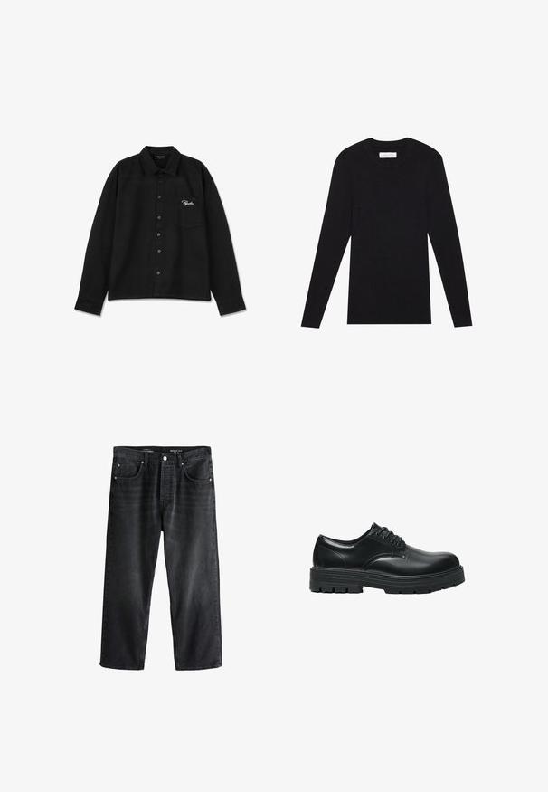Pier One by Zalando MUSCLE FIT KNITJUMPER - Svetrík - black; Čierna košeľa s dlhým rukávom vyrobená z tkaniny, s golierom, zapínaním na gombíky, jedným vreckom na hrudi a vyšitým logom v bielej farbe na vrecku.; Čierne vyblednuté rifle s voľným strihom, zapínanie na gombík a zips, a prednými a zadnými vreckami.; Čierna kožená šnurovacia topánka s hrubou ryhovanou podrážkou a zaoblenou špičkou, zobrazená z profilu na bielom pozadí.