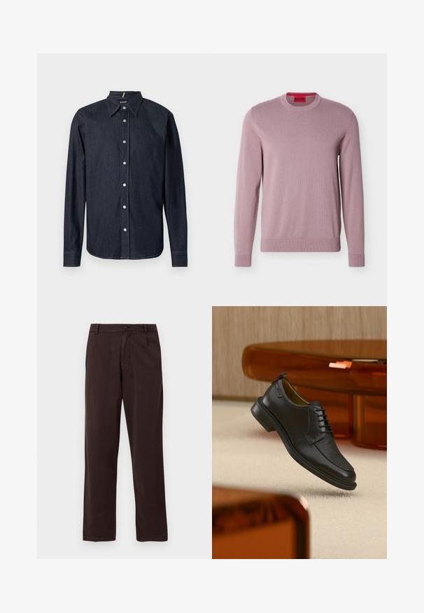 Pull lavande à manches longues et col rond, avec poignets et ourlet côtelés, arborant le logo "HUGO" embossé sur la poitrine et une étiquette de marque rouge à l'intérieur du col.; Chemise en denim bleu foncé à manches longues avec col pointu et boutons-pression argentés sur le devant, avec surpiqûres contrastantes.; Pantalon droit marron foncé avec fermeture par bouton et zip, passants de ceinture et poches latérales, présenté sur un fond blanc.; Chaussure habillée noire en cuir à lacets avec devant texturé, flottant au-dessus d'un tapis beige dans une pièce moderne avec des meubles teintés d'ambre.