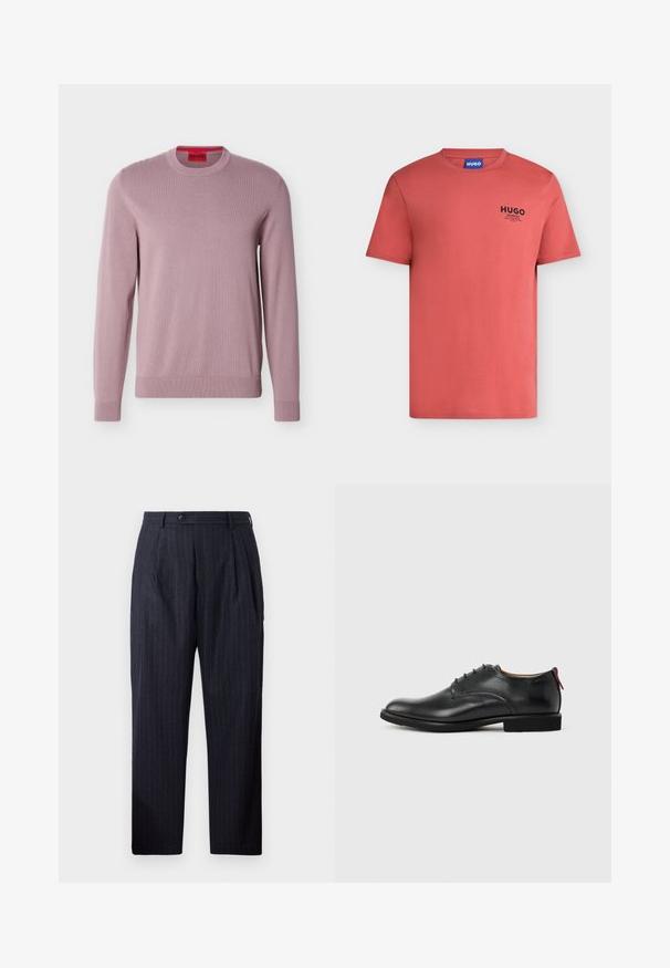 Lilla trøje med lange ærmer og rund hals med ribstrikkede manchetter og kant, der har et præget "HUGO"-logo på brystet og et rødt mærke med brandnavn inde i kraven.; Rød kortærmet T-shirt med rund halsudskæring med lille sort "HUGO"-logo og tekst på venstre bryst samt blå mærketap inde i kraven.; Marine-stribede bukser lavet af et tekstureret stof, med knaplukning, to for-pleats og lige ben-design.; Sort herresko i læder med snørebånd foran og rød træktab på hælen mod en ensfarvet baggrund.