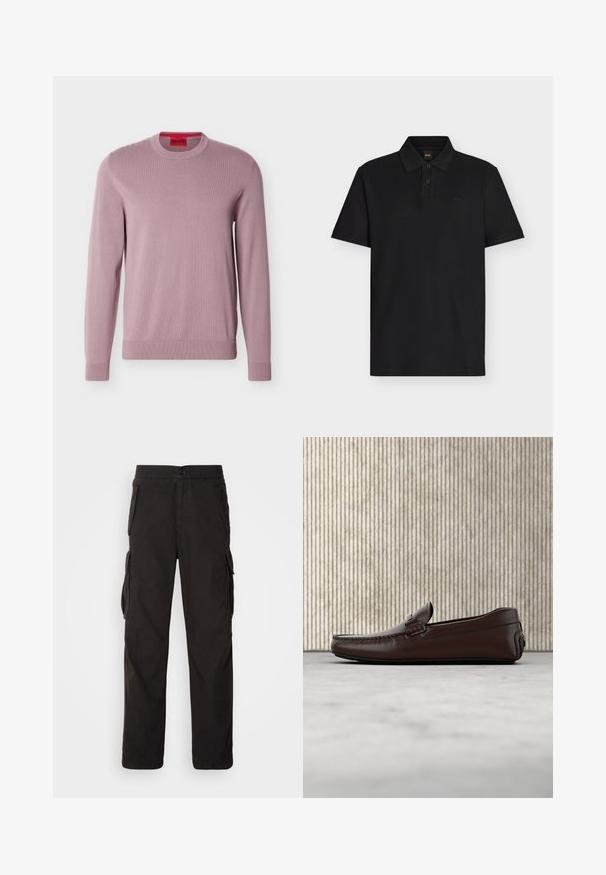 Lilla trøje med lange ærmer og rund hals med ribstrikkede manchetter og kant, der har et præget "HUGO"-logo på brystet og et rødt mærke med brandnavn inde i kraven.; Sort poloshirt med korte ærmer, to knapper, ribstrikket krave og subtilt "BOSS"-logo på venstre bryst.; Sorte cargobukser med lige pasform, elastisk talje, flere sidelommer og et struktureret stof for holdbarhed.; Brune lædersandaler med en glat overflade, mokkasin-lignende syninger, hævet tå og en lav, fleksibel gummisål.