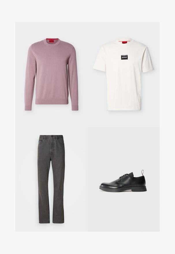 Pull lavande à manches longues et col rond, avec poignets et ourlet côtelés, arborant le logo "HUGO" embossé sur la poitrine et une étiquette de marque rouge à l'intérieur du col.; T-shirt blanc à manches courtes avec col rond, doté d'un petit patch rectangulaire noir et du texte blanc "HUGO" sur la poitrine.; Jeans en denim gris avec une coupe droite, dotés de poches avant, d'une fermeture à bouton et d'une texture subtile.; Chaussure noire en cuir à lacets avec une finition lisse, un bout rond et un design minimaliste. Comprend un tirant contrastant subtil et une semelle en caoutchouc.