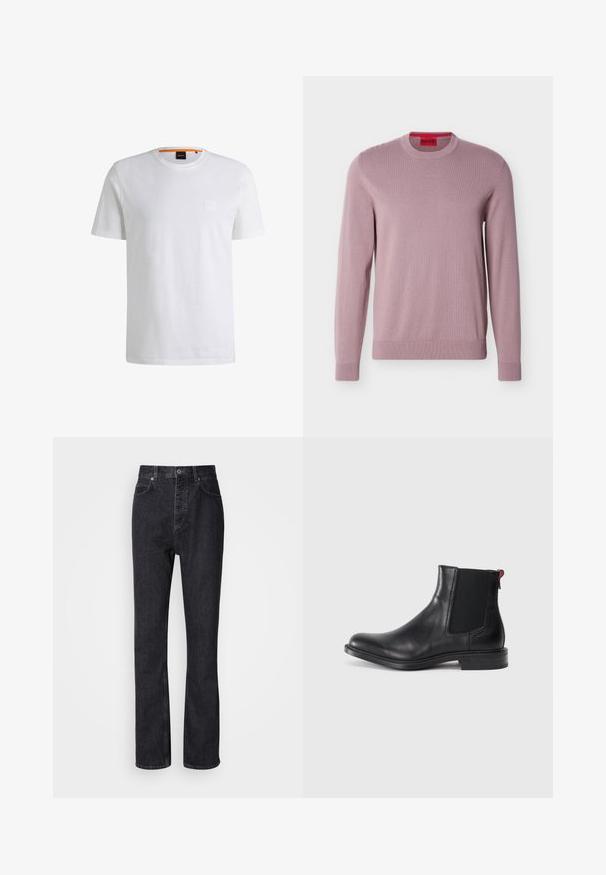 Suéter lavanda de manga larga y cuello redondo con puños y dobladillo acanalados, que presenta un logo en relieve "HUGO" en el pecho y una etiqueta de marca roja en el interior del cuello.; Camiseta de algodón blanca con mangas cortas y cuello redondo. Presenta un sutil parche de logo en el frente y un acento naranja en el cuello.; Jeans de mezclilla negros de cintura alta con cierre de botón y cremallera, bolsillos frontales y traseros, y corte recto.; Botín Chelsea de cuero negro con paneles elásticos laterales, punta redondeada y tacón bajo apilado. Presenta una lengüeta roja y un sutil logotipo en el costado.