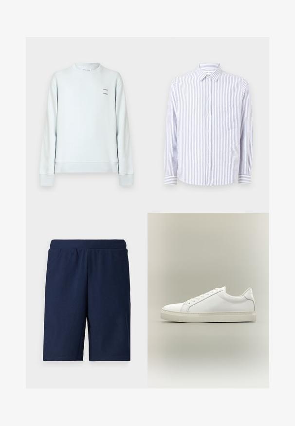 Hellblaues Sweatshirt, Rundhalsausschnitt, lange Ärmel. Verfügt über kleines, gedrucktes Textlogo in dunkler Farbe auf der Brust. Weiche Stofftextur.; Gestreiftes Button-Up-Hemd in Hellblau und Weiß. Mit einem spitzen Kragen, langen Ärmeln und einer einzelnen Brusttasche. Aus Baumwollstoff.; Navyblaue Sportshorts mit gerippter Textur, elastischem Bund und geradem Schnitt, entworfen für Komfort und Bewegungsfreiheit.; Weißer Sneaker mit niedrigem Schaft, vorn mit Schnürung und dicker Sohle, aus der Seitenansicht vor neutralem Hintergrund.