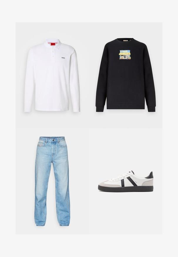 Sudadera negra de manga larga con un pequeño gráfico colorido de una tienda con un toldo a rayas amarillas centrado en el pecho.; Camisa polo blanca de manga larga hecha de algodón con cuello, tapeta de tres botones y el logo negro "HUGO" en el lado izquierdo del pecho.; Jeans de color azul claro hechos de mezclilla, con corte recto, diseño de cinco bolsillos y una cremallera visible con costuras en contraste.; Zapatilla blanca con acentos en negro y gris, que presenta una puntera texturizada en gris, suela de goma negra y cordones planos blancos. Diseño limpio, estilo minimalista.