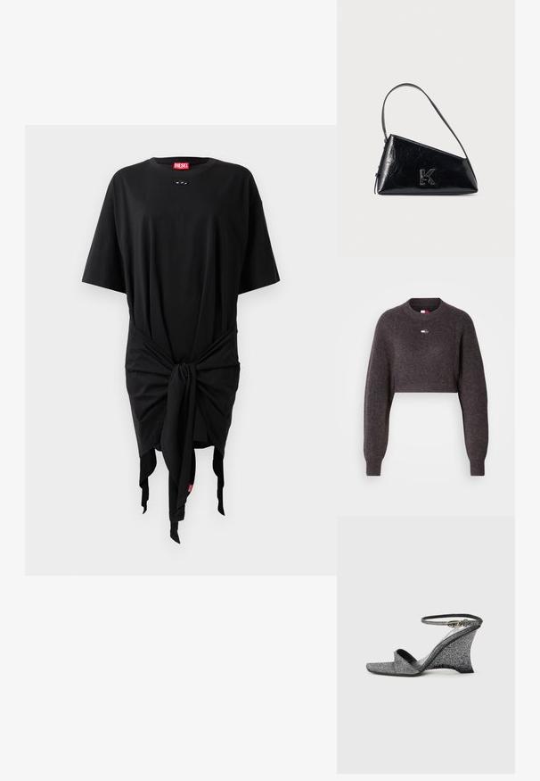 Korte grijze trui met geribbelde textuur, lange mouwen en een ronde halslijn. Heeft een klein logo aan de voorkant.; Zwarte katoenen t-shirt jurk met korte mouwen, voorzien van een knoopdetail in de taille en een logo label. Smooth textuur en losse pasvorm.; Zilveren glitter sleehak sandaal met open teen, enkelbandje en gouden gesp, zijaanzicht tegen een effen lichte achtergrond.; Zwarte glanzende leren driehoekige handtas met een enkele band en een metalen "K" logo detail op een witte achtergrond.