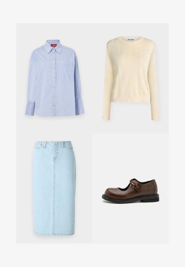 Cremefarvet langærmet sweater med subtilt DKNY JEANS logo mønster og rund halsudskæring, ribmanchetter og kant.; Blå og hvid stribet skjorte med krave, lange ærmer, frontknapper og en venstre brystlomme med matchende striber.; Lys blå denim blyantskørt med høj talje, fem lomme-design og subtile syninger langs sømmene.; Brune patenteret læder Mary Jane sko med rund tå, ankelrem og guldspænde, tekstureret overflade og flad sort sål.