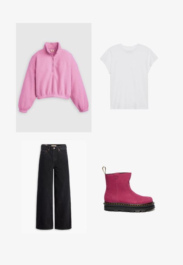 Pull polaire rose à col demi-zip, coupe oversize, poignets élastiques et ourlet court, avec une surface douce et texturée.; T-shirt blanc à manches courtes, col rond, coupe décontractée, en tissu de coton doux. Texture lisse, sans motifs ni logos.; Jean noir à jambe large en denim, comportant cinq poches, des rivets en laiton et une fermeture à bouton classique. Texture lisse avec un design épuré.; Botte de cheville en cuir rose avec un bout arrondi, des détails cousus et une semelle plateforme noire ornée de touches de jaune.