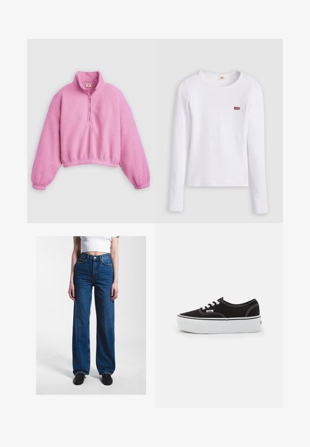 Roze fleece trui met een kraag met een kwart ritssluiting, oversized pasvorm, elastische manchetten en een korte zoom, met een zacht, gestructureerd oppervlak.; Wit Levi's shirt met lange mouwen, ronde hals en klein rood Levi's-logo op de linkerborst, afgebeeld op een effen achtergrond.; Persoon draagt hoge wijd uitlopende blauwe spijkerbroek, wit cropped topje en zwarte schoenen, staand tegen een effen lichte achtergrond.; Zwarte canvas sneaker met een witte rubberen platformzool, voorzien van witte veters en stiksels, iconische branding op de zijkant, low-top ontwerp.