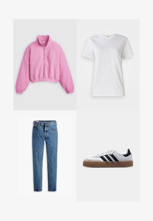 Pink fleece-pullover med kvartlynlås ved kraven, oversized pasform, elastiske manchetter og en kort skåret kant, med en blød, tekstureret overflade.; Hvid bomulds t-shirt med rund hals og korte ærmer. Stoffet er glat med en blød tekstur og uden synlige mønstre eller detaljer.; Lysblå denimjeans med lige pasform, fem lommer og standard knaplukning. Har orange søm og en let falmet tekstur.; Hvide lædersneakers med sorte striber, gummirubber sål, rund tå, snørelukning og blød grå ruskinds tåhætte.
