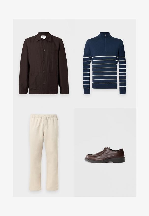 Pull en maille marine avec un col montant et une courte fermeture éclair. Présente des rayures blanches horizontales sur le corps et les manches pour un effet de contraste.; Veste boutonnée marron foncé avec col, poche poitrine et deux poches inférieures à l'avant sur un fond uni clair.; Pantalon beige à jambe droite avec taille élastique, devant plat et sans poches visibles sur un fond clair.; Chaussure habillée en cuir marron avec un bout arrondi, des accents de couture minimum, et une semelle noire robuste. Présente un système de laçage et une texture lisse.