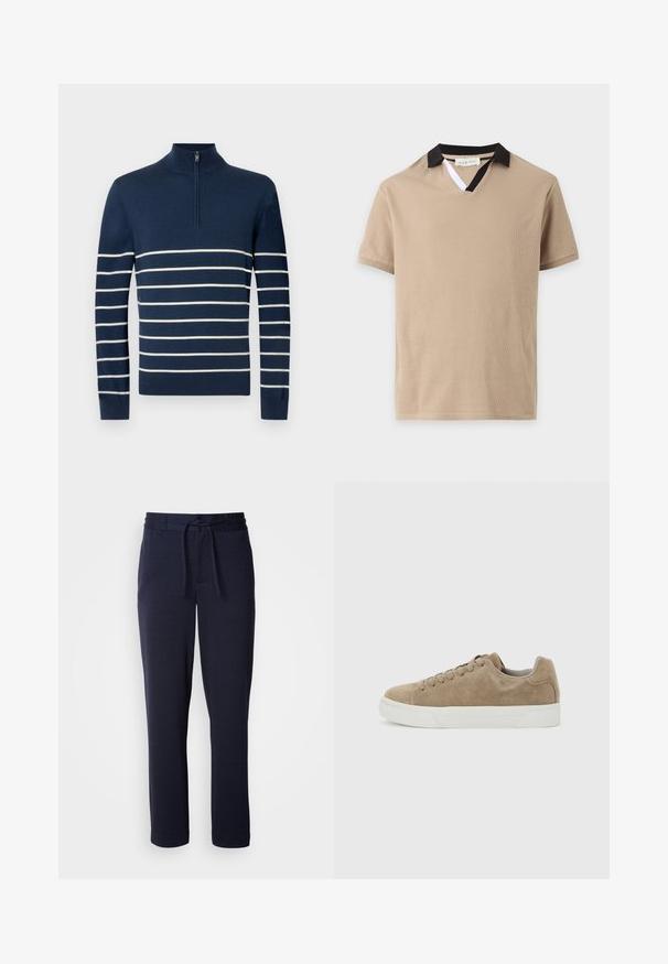 Marineblauwe gebreide trui met een hoge kraag en korte rits. Heeft horizontale witte strepen over het lijf en de mouwen voor een contrasterend effect.; Beige polo met korte mouwen, een zwarte kraag en een kleine witte inzet bij de V-hals.; Donkerblauwe joggers van zacht materiaal, met een elastische tailleband en een trekkoord, tapse pijpen en zonder zichtbare patronen of zakken.; Beige suède lage sneaker met beige veters en witte rubberen zool, zijaanzicht op een lichtgrijze achtergrond.