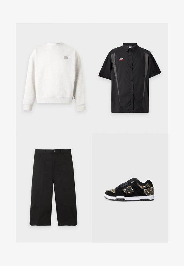Lichtgrijze crewneck-trui met lange mouwen en een klein rechthoekig patchje op de bovenste linkerkant van de borst.; Zwart, kort mouw, overhemd met knopen, met grijze zijkanten en een rood-wit Umbro-logo op de linkerborst.; Zwarte knielange shorts met voorzakken, riemlussen en een knoopsluiting op een effen achtergrond.; Zwarte suède sneaker met een camouflagemotief aan de zijkant, witte tussenzool en zwarte rubberen zool. Bevat veters en logo-details aan de zijkant.