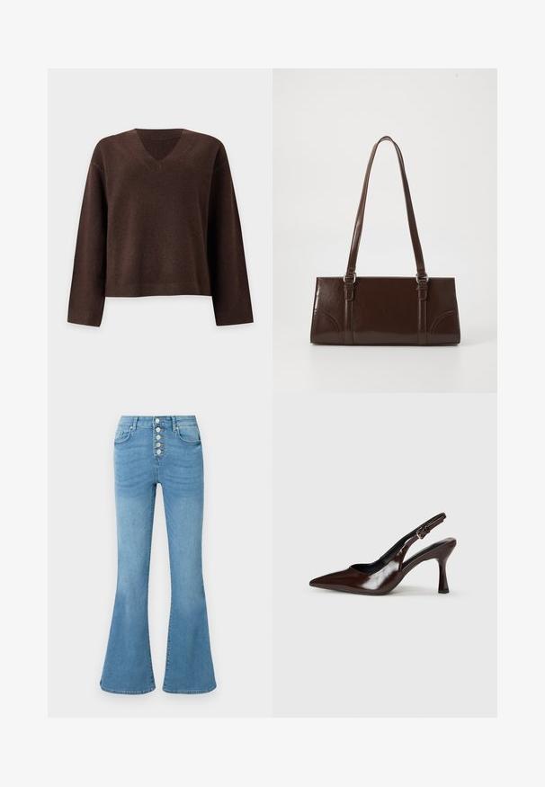 Pull en maille marron à manches longues et col en V avec poignets et ourlet côtelés sur un fond uni gris clair.; Jeans évasés bleu clair en denim, dotés d'une taille haute, d'une braguette à cinq boutons et d'un léger délavage à l'avant pour la texture.; Talons slingback en cuir verni brun avec un bout pointu, un talon fin, et une sangle réglable avec une petite boucle.; Sac à main en cuir verni marron de forme rectangulaire, avec deux longues poignées et des accents courbés subtils à l'avant.