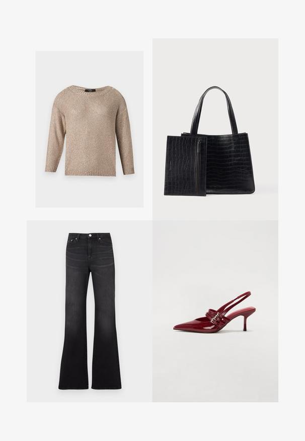 Beige striktrøje med lange ærmer, ribstrikket rund halsudskæring, manchetter og kant, vist på en ensartet lysegrå baggrund.; Sorte flare jeans i denimstof med høj talje, femlommers design og en let falmet effekt mod benenes kant.; Røde patenteret læder slingback hæle med spids tå, to spændebånd og en slank, mellemhøj stiletto hæl. Glat tekstur.; Sort tote taske med krokodillemønster, med glat tekstur og to robuste håndtag. Inkluderer et aftageligt lynlåsetui.