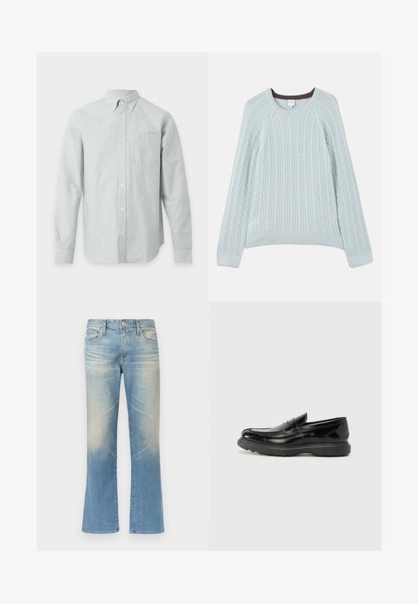 Pull en maille torsadée bleu clair avec des manches raglan, un col rond et des poignets côtelés. Texture douce avec un subtil accent marron au niveau du col.; Chemise à manches longues boutonnée avec fines rayures verticales grises et blanches et une seule poche poitrine sur fond uni.; Jean évasé en denim bleu clair avec une finition délavée, design à cinq poches, fermeture par bouton en métal et ourlets droits.; Mocassin en cuir noir avec une finition brillante, bout arrondi, détails de couture subtils et semelle en caoutchouc épaisse pour la durabilité.