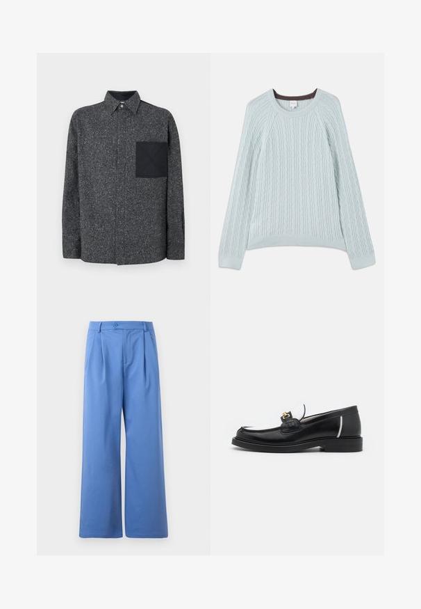 Suéter de punto en cable color azul claro con mangas de raglán, escote redondo y puños acanalados. Textura suave con un sutil acento marrón en el escote.; Iceberg Camisa - fantasia mix di grigi; Pantalones amplios azul de tejido suave. Tiene un cierre de botón y pliegues en la parte delantera. Cintura plana y sin bolsillos.; Mocasín de piel negra con punta redondeada, acentos en blanco y herrajes dorados en la parte superior. Presenta un parche texturizado y un tacón apilado.