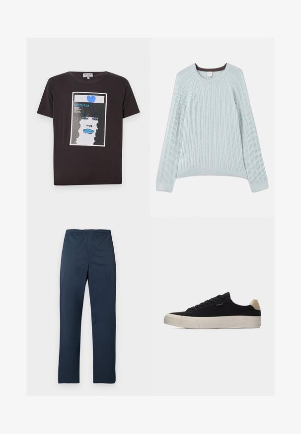 Pull en maille torsadée bleu clair avec des manches raglan, un col rond et des poignets côtelés. Texture douce avec un subtil accent marron au niveau du col.; T-shirt en coton noir avec un design graphique représentant le visage d'une femme avec des lèvres bleues, de grands yeux bleus et un cœur, encadré dans un rectangle blanc.; Pantalon bleu marine léger avec une ceinture élastique et des jambes droites. Texture lisse sans motifs ni accents visibles.; Baskets basses noires avec languette beige au talon, semelle en caoutchouc blanche épaisse, lacets noirs et petite étiquette "PS Paul Smith" sur le côté.