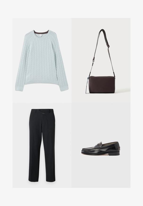 Pull en maille torsadée bleu clair avec des manches raglan, un col rond et des poignets côtelés. Texture douce avec un subtil accent marron au niveau du col.; Pantalon noir à coupe droite, en tissu lisse. Il présente une fermeture à bouton à l'avant et des détails de couture subtils. Conception simple sans motifs.; Mocassins en cuir noir avec un design de style mocassin, présentant une bande décorative et un détail de couture sur le dessus. Talon bloc bas.; Sac bandoulière en cuir marron foncé texturé avec une sangle réglable et un petit accent décoratif bleu sur le côté.