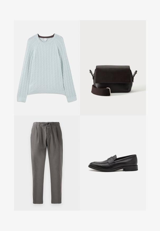 Pull en maille torsadée bleu clair avec des manches raglan, un col rond et des poignets côtelés. Texture douce avec un subtil accent marron au niveau du col.; Pantalons en coton gris avec une taille élastique et un cordon de serrage. Ils disposent de poches latérales et d'une coupe décontractée, se resserrant aux chevilles.; Mocassin en cuir noir avec une finition lisse, une sangle décorative sur le dessus, un bout rond et un petit talon empilé.; Sac bandoulière en cuir marron foncé avec fermeture à rabat et sangle en tissu réglable sur fond blanc.