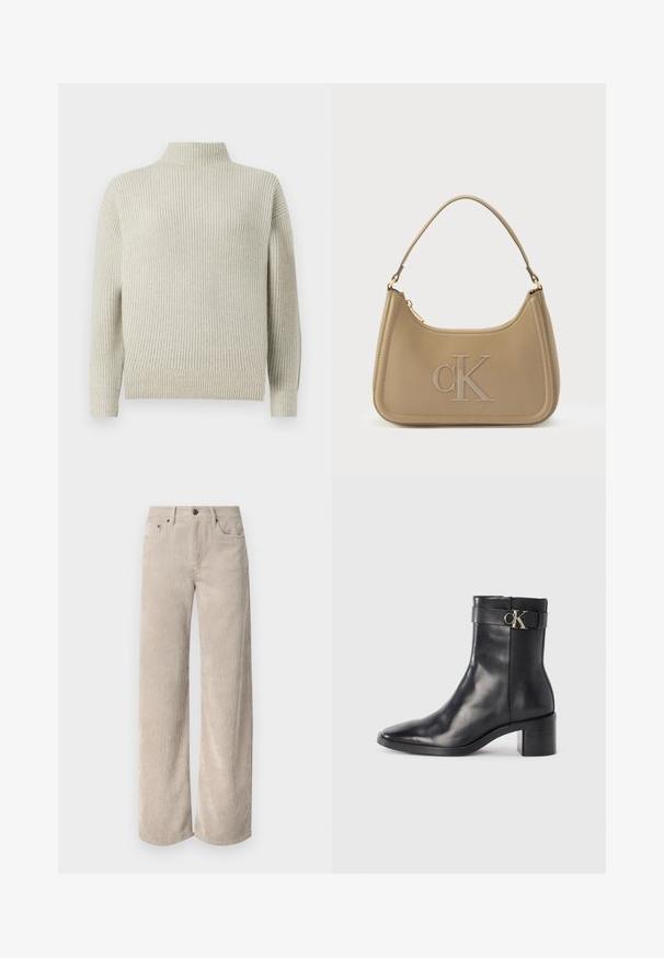 Lichtgrijze geribbelde turtleneck trui met lange mouwen en een relaxte pasvorm. Gelaagd breisel met manchetten aan de mouwen en een afgeronde zoom.; Beige corduroy wijde broek met verticale strepen, voorzien van een knoopsluiting en voorkruiden. Zacht, gestructureerd materiaal met een relaxte pasvorm.; Zwarte leren enkellaars met een spitse neus, blokhak en een bandje met een metallic logo. Gladde textuur en minimalistisch ontwerp.; Calvin Klein handtas van taupekleurig leer met een gladde textuur, gebogen vorm, verdiept "CK"-logo en een enkele schouderriem. Bovenkant met ritssluiting.