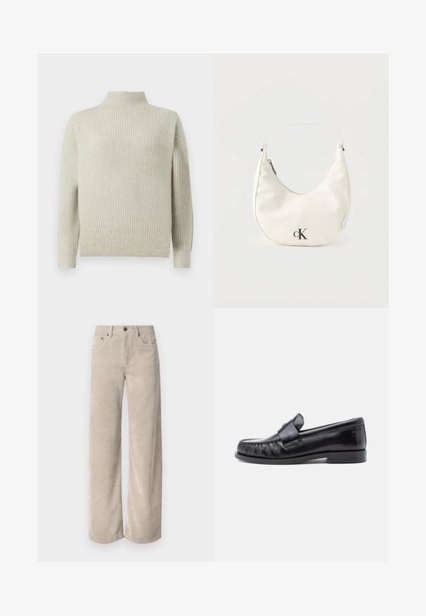 Lichtgrijze geribbelde turtleneck trui met lange mouwen en een relaxte pasvorm. Gelaagd breisel met manchetten aan de mouwen en een afgeronde zoom.; Beige corduroy wijde broek met verticale strepen, voorzien van een knoopsluiting en voorkruiden. Zacht, gestructureerd materiaal met een relaxte pasvorm.; Zwarte leren loafers met een afgeronde neus, kenmerkende stiksels en een decoratieve band over de wreef. Gladde afwerking en lage hak.; Kleine witte handtas in de vorm van een halve maan met een kort hengsel, ritssluiting en zwart "cK" logo aan de voorkant.