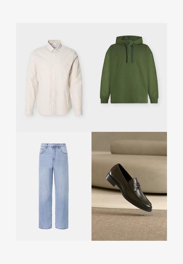 Sweat-shirt à capuche vert en tissu texturé, épaules tombantes et capuche ajustable par cordon. Poignets et ourlet côtelés complètent le design.; Chemise à manches longues beige et blanche à rayures verticales avec col boutonné, présentée sur un fond blanc uni.; Jean en denim bleu clair avec une coupe décontractée et des jambes larges. Les caractéristiques incluent cinq poches, une fermeture à bouton à l'avant et une décoloration subtile.; Mocassin en cuir noir flottant au-dessus d'un tapis beige avec un canapé beige en arrière-plan, mettant en valeur le design classique pour hommes sans lacets.