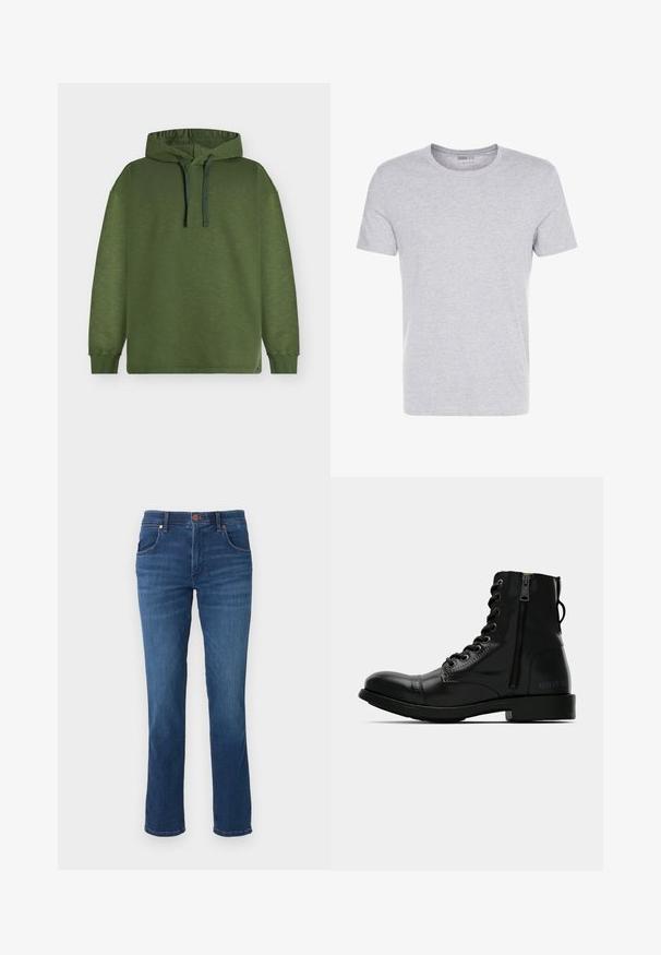 Sweat-shirt à capuche vert en tissu texturé, épaules tombantes et capuche ajustable par cordon. Poignets et ourlet côtelés complètent le design.; T-shirt en coton gris avec un col rond, des manches courtes et un design sobre, offrant une texture douce et lisse sans motifs ni embellissements visibles.; Jean denim bleu à jambes droites avec cinq poches et fermeture à bouton, présenté sur un fond blanc uni.; Bottine en cuir noir avec un bout arrondi, lacet à l'avant, fermeture éclair sur le côté et semelle plate. Présente un logo en relief au niveau du talon.