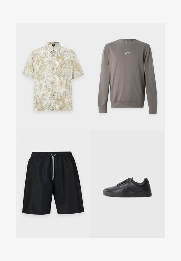 Sweat-shirt gris à manches longues avec col rond et logo EA7 Emporio Armani blanc sur la poitrine, poignets et ourlet côtelés.; Chemise à manches courtes en beige clair avec un motif de feuilles de palmier. Dotée d'un col, d'une fermeture à boutons et d'une texture de tissu douce.; Shorts de sport pour hommes noirs avec taille élastique, cordon de serrage vert et panneaux en mesh sur les côtés avec un motif géométrique subtil.; Chaussure de sport en cuir noir avec une finition lisse, bout arrondi, panneau latéral texturé et lacets noirs. Présente une semelle en caoutchouc plate et un design minimaliste.