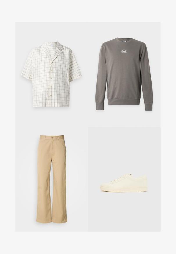 Hall pika varrukaga ümar kaelusega dressipluus, millel on valge EA7 Emporio Armani logo rinnal, soonikud varrukakäärudel ja äärel.; Lühikese varrukaga särk heledast beežist kangast, millel on ruuduline muster. Omab lõhenenud kraed ja seitsme nööbiga kinnitamist.; Bežid, laiused püksid, mis on valmistatud puuvillasegust. Omavad nupuvärvi ja vööaukude. Sujuv tekstuur, kus on minimaalsed õmbluse detailid.; Kreemitonides spordijalats sileda nahkpealsega, ümarate varvastega, ees paelusega ja tekstuuriga kummist talla. Minimalistlik disain, ilma logodeta.