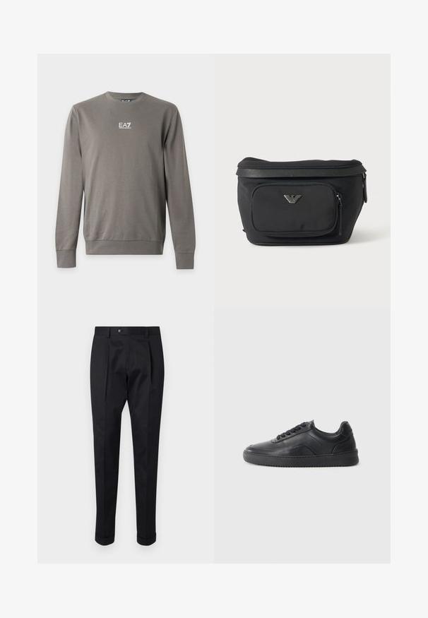 Graues Sweatshirt mit Rundhalsausschnitt und langen Ärmeln, mit weißem EA7 Emporio Armani-Logo auf der Brust, Rippbündchen an Ärmeln und Saum.; Schwarze Hosen aus einem glatten Stoff, mit einem Faltenwurf vorne, einem Knopfverschluss und umgeschlagenen Säumen am Knöchel.; Schwarze Leder-Sneaker mit glatter Oberfläche, abgerundeter Zehenpartie, strukturiertem Seitenpaneel und schwarzen Schnürsenkeln. Verfügt über eine flache Gummisohle und ein minimalistisches Design.; Schwarze Bauchtasche mit Frontreißverschlusstasche und silbernem Adlerlogo, glattes Gewebe mit strukturiertem Besatz und Reißverschlussanhängern.