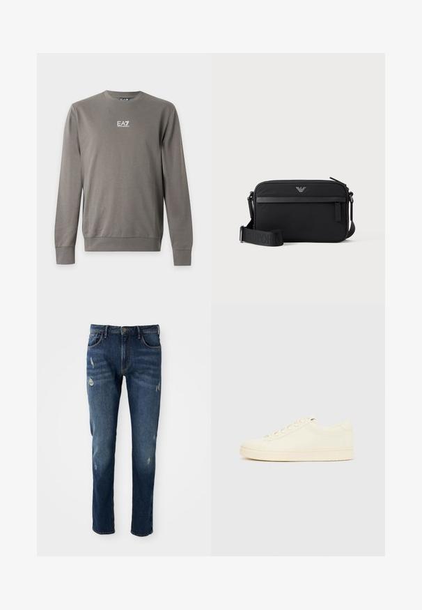 Grijze trui met lange mouwen en ronde hals met wit EA7 Emporio Armani-logo op de borst, geribde boorden en zoom.; Donkerblauwe denim jeans met slim fit, lichte slijtage op de dijen en knieën, klassiek vijf-pocket ontwerp en knoopsluiting.; Slofkleurige sneaker met een glad leren bovenwerk, ronde neus, vetersluiting en een geribbelde rubberen zool. Minimalistisch ontwerp, zonder logo's.; Zwarte rechthoekige crossbodytas met voorvak met rits, verstelbare schouderriem en klein metalen logo bovenaan in het midden.