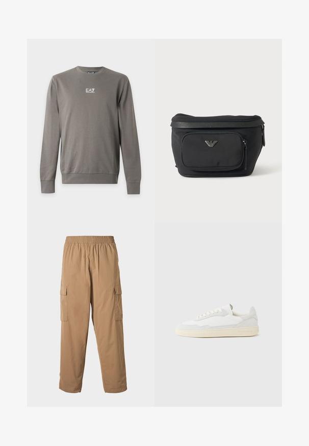 Sivá mikina s dlhým rukávom a okrúhlym výstrihom s bielym logom EA7 Emporio Armani na hrudi, rebrovanými manžetami a lemom.; Béžové cargo nohavice s elastickým pásom, ktoré majú viacero bočných vreciek a ľahkú, hladkú textúru. Rovný strih.; Biela teniska s jemne štruktúrovaným zvrškom zo semišu a kože. Má zaoblenú špičku, viazanie na šnúrky a kontrastnú béžovú gumovú podrážku.; Čierna ľadvinka s predným vreckom na zips a strieborným logom orla, hladká látka s textúrovaným lemom a ťaháčikmi zipsu.