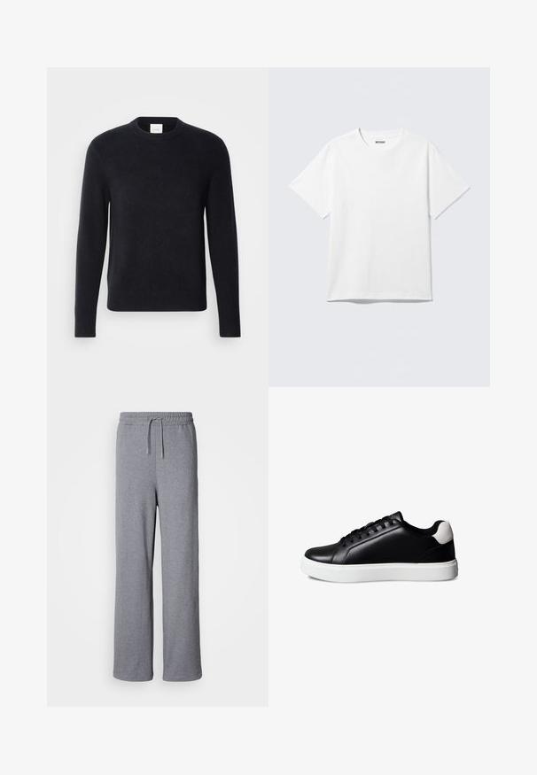 Navyblauwe sweater met ronde hals, gemaakt van een zachte gebreide stof. Voorzien van lange mouwen en geribbelde boorden en zoom voor een aansluitende pasvorm.; Witte T-shirt met korte mouwen en ronde hals, plat gelegd, effen ontwerp, met een "WEEKDAY" label in de kraag op een lichte achtergrond.; Grijze, wijdvallende joggingbroek van zachte stof; voorzien van een elastische tailleband met koord en zonder zakken. Eenvoudig, onopgesmukt ontwerp.; Zwarte leren lage sneaker met zwarte veters, witte rubberen zool en witte suède hielaccent, getoond in zijaanzicht op een witte achtergrond.