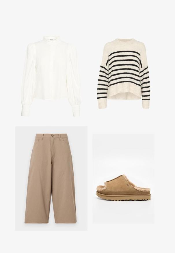 Un pull rayé crème et noir, fabriqué à partir d'un matériau doux, présente un ourlet côtelé et des épaules tombantes, avec une coupe décontractée et une longueur cropped.; Blouse blanche à manches longues en tissu texturé et froissé. Dotée d'un col haut et volanté et d'une fermeture à boutons. Manches larges et bouffantes avec des poignets à rabat.; Pantalons larges kaki en coton, dotés d'une taille haute, de poches frontales et d'une fermeture à bouton unique. Texture lisse et coupe droite.; Chausson beige en daim à enfiler avec doublure en polaire pelucheuse et semelle en caoutchouc, présentant un logo UGG sur le côté, sur fond blanc uni.