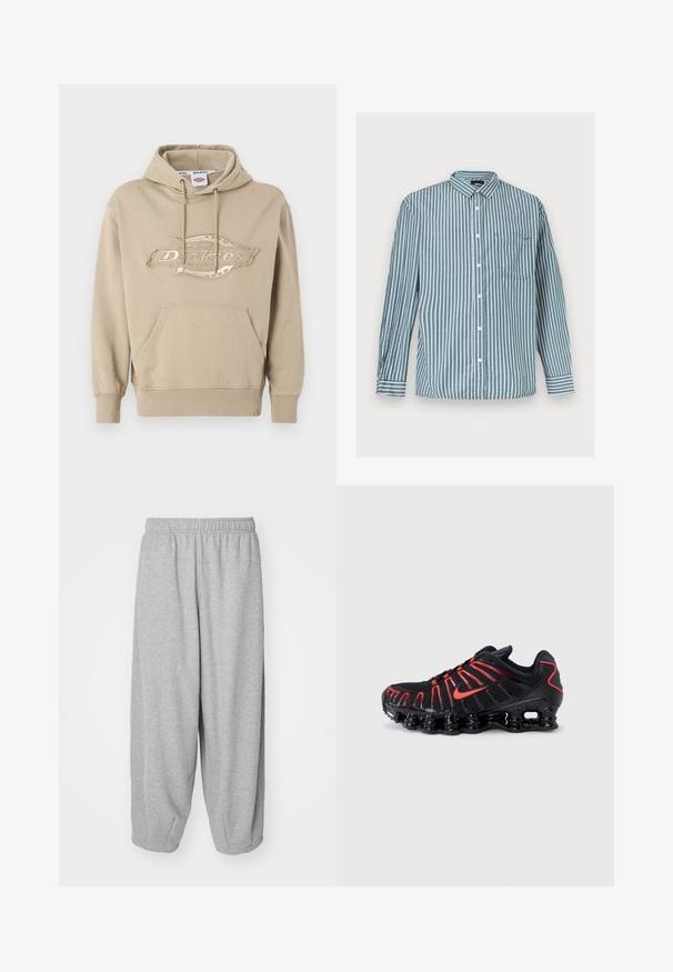 Beige huppari, jossa on kengurulaukku, nyörillinen huppu ja edessä brodeerattu "Dickies"-logo. Pehmeä puuvillakangas, ribatut hihat.; Miesten pitkähihainen napitettava paita, jossa on pystysuuntaiset vihreät ja valkoiset raidat sekä rintatasku, asetettuna tasaiselle vaalealle pinnalle.; Vaaleanharmaat, löysät collegehousut, jotka on valmistettu pehmeästä kankaasta. Joustava vyötärö ja resorit nilkoissa. Yksinkertainen ja koristelematon muotoilu.; Musta urheilukengät punaisilla yksityiskohdilla, joissa on teksturoitu verkkopäällinen, ainutlaatuinen aaltoileva muotoilu ja muotoiltu pehmustettu pohja.
