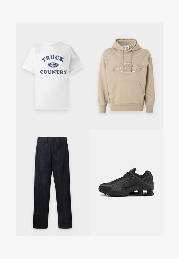 Beige hættetrøje med kængurulomme, snor i hætten og broderet "Dickies"-logo på forsiden. Blødt bomuldsstof, ribbede manchetter.; Hvid bomulds t-shirt med blå trykt tekst "TRUCK COUNTRY" og et blåt ovalt "Ford"-logo i midten. Korte ærmer og rund hals.; Mørkeblå bukser med lige ben, høj talje og bæltestropper, vist mod en ensartet hvid baggrund.; Sorte løbesko med en glat syntetisk overdel, perforerede detaljer, teksturerede sidedele og en distinkt fjedrende sål.