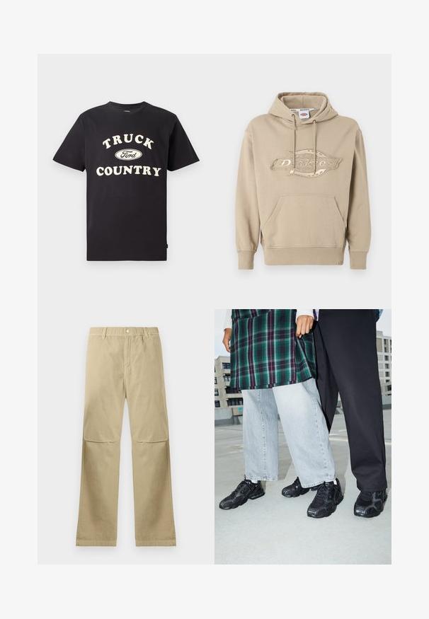 Beige hoodie met een buidelzak, capuchon met trekkoord en geborduurd "Dickies" logo op de voorkant. Zachte katoenmix, geribde manchetten.; Zwarte katoenen T-shirt met korte mouwen, voorzien van "TRUCK COUNTRY" in crème tekst en een Ford-logo in het midden voorop.; Beige rechte broek met drukknoopsluiting, riemlussen en kniestiknaden, plat gelegd op een witte achtergrond.; Zwarte sportieve schoenen met mesh- en rubberaccenten. Draagt een lichtgrijze wijde spijkerbroek en een groen geruit shirt. Effen achtergrond.